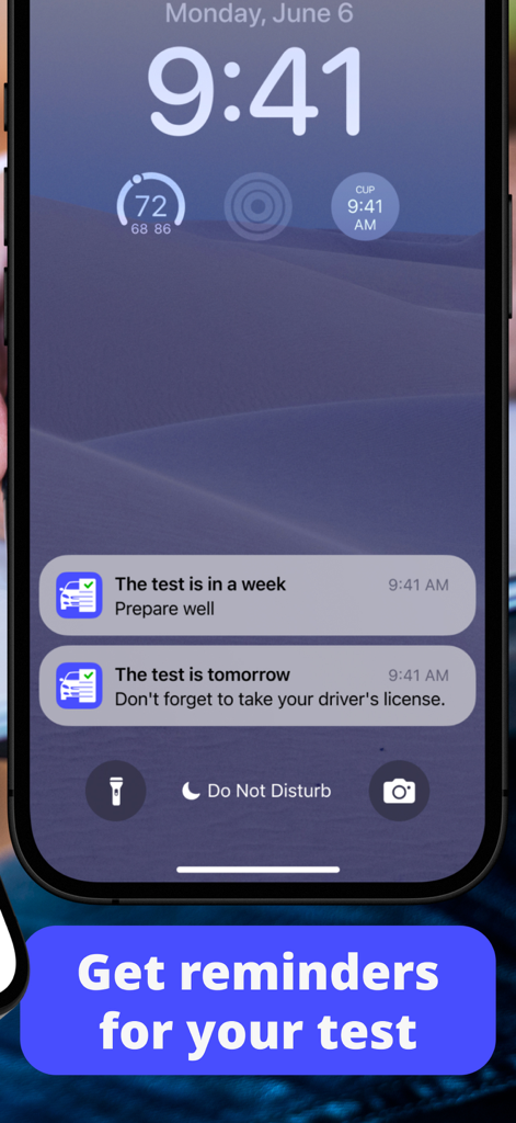 iPhone lock screen showing app notifications for upcoming UK driving test reminders