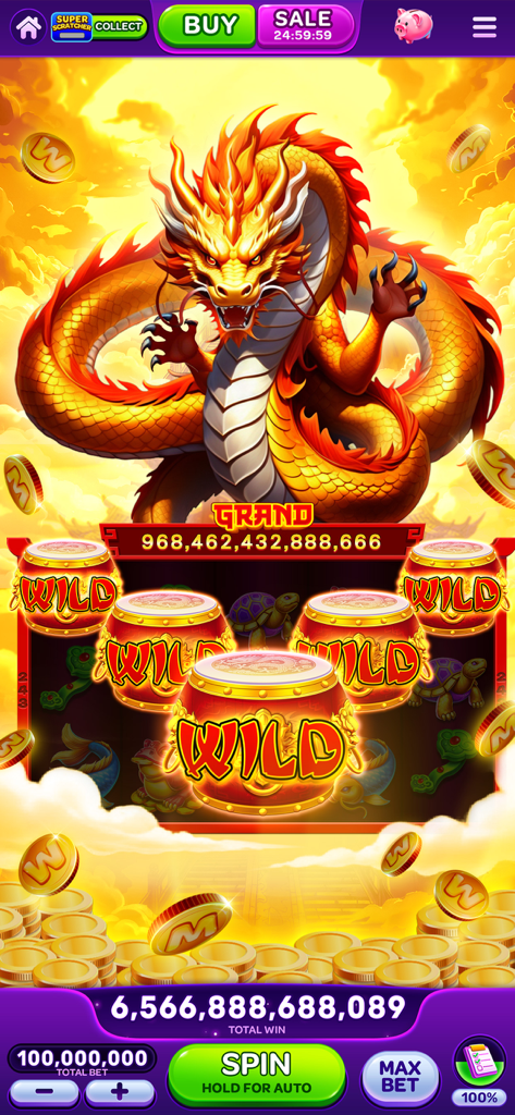 WOW Slots: Online Casino Games - Golden dragon themed slot machine with wild symbols and huge jackpot in WOW Slots