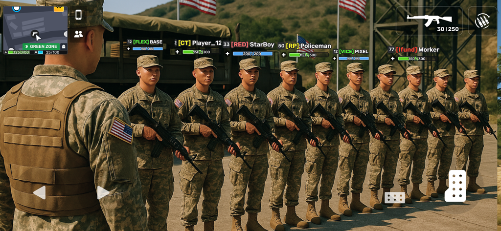 A lineup of players in military uniforms holding rifles during a roleplay session in Flex City RP