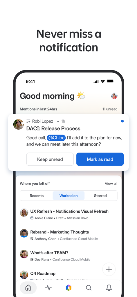 Confluence Cloud mobile app interface showing a project notification and a list of recently worked on documents.