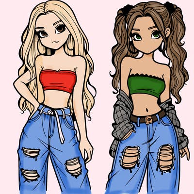 2 girls in crop tops and baggy jeans ripped