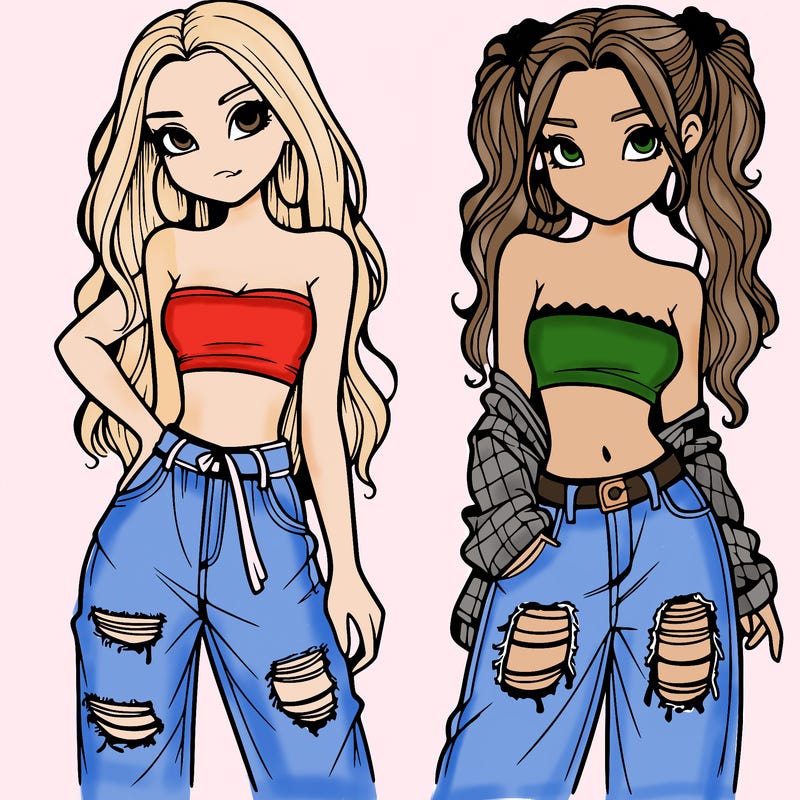 2 girls in crop tops and baggy jeans ripped