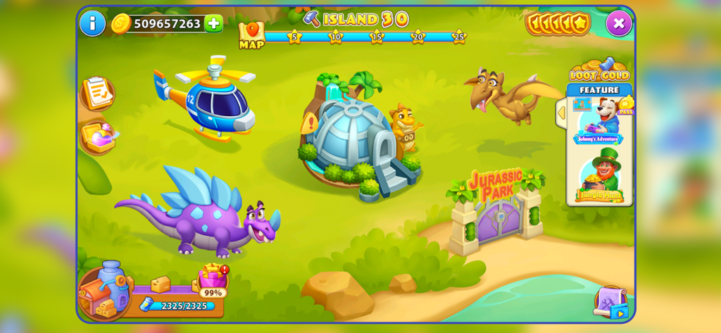 Bingo Journey gameplay screen showing the Island 30 map with a Jurassic Park theme and dinosaurs.