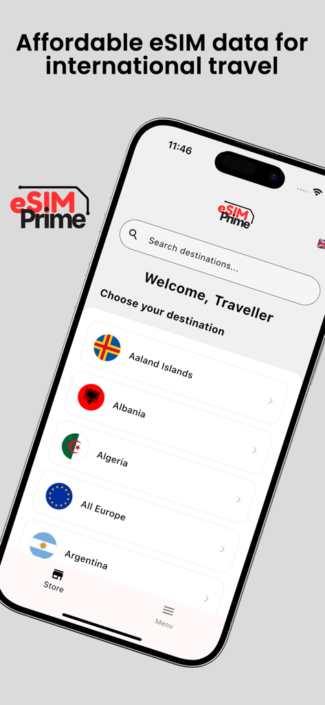 Interfaz de la aplicación eSIM Prime que muestra destinos de datos de viaje internacionales