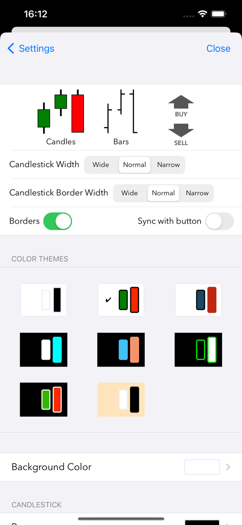 TradeSimuFx - TradeSimuFx app settings menu showing options for candlestick styles, widths, and color themes.