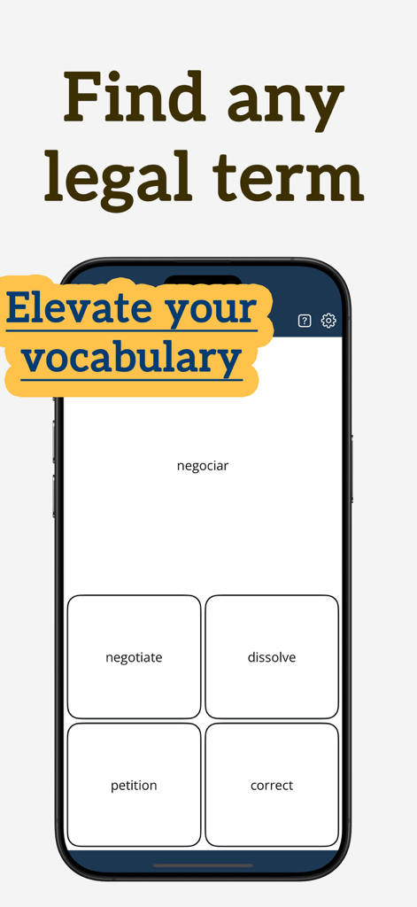 Legal English: Learn Words - Une interface d'application d'apprentissage de l'anglais juridique montrant un quiz de vocabulaire à choix multiples pour des termes juridiques comme négocier et pétition.