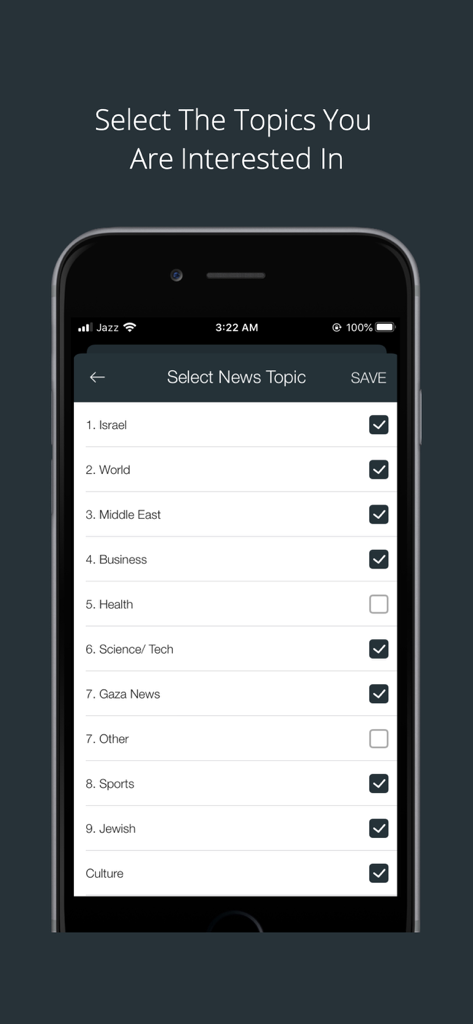 A mobile interface for the Israel News Today app where users can select and filter news topics like Israel World Middle East and Business