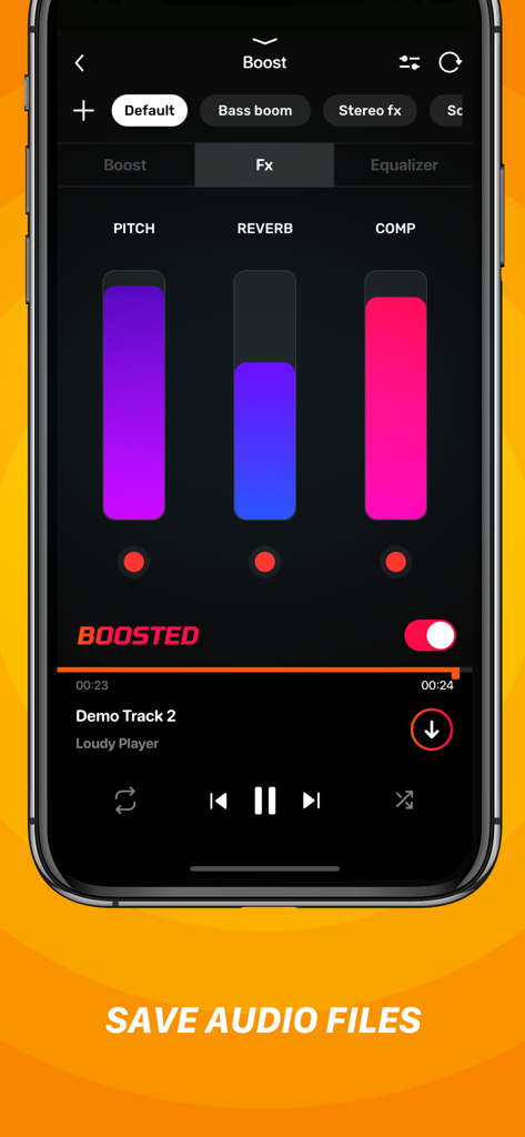 Interfaz de aplicación móvil que muestra controles de efectos de audio para pitch, reverb y compresor con un reproductor de música en la parte inferior.
