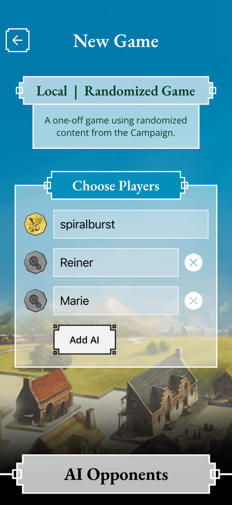 My City by Reiner Knizia - New game setup screen in My City app showing player selection and game mode options