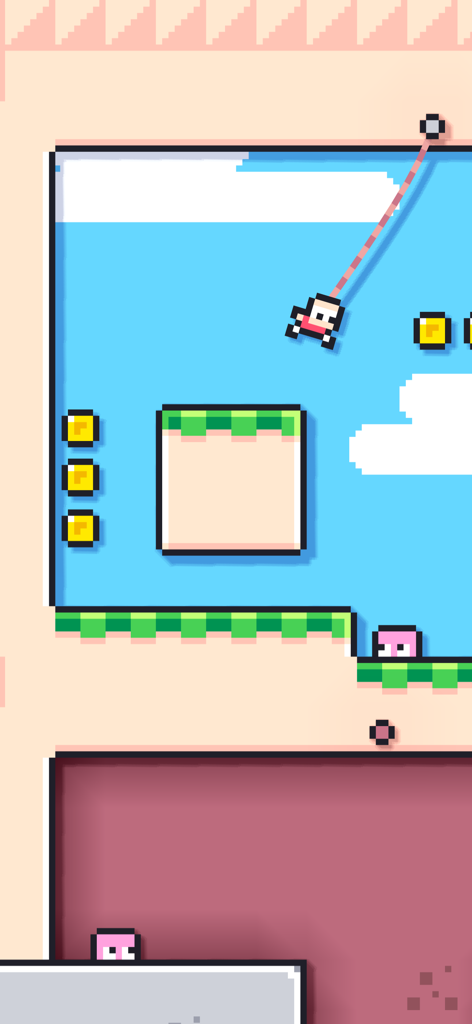 Roper - One Button Platformer - A pixel art character swinging from a rope to collect coins in the game Roper