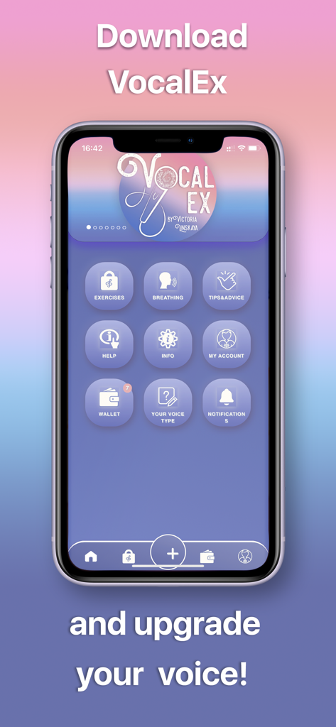 VocalEx-Vocal Exercises - A smartphone displaying the VocalEx app interface with menu icons for exercises and breathing on a pink and blue gradient background.
