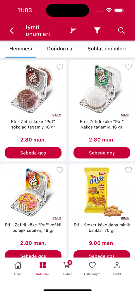 Ozan - Interfaz de la aplicación móvil Ozan que muestra una cuadrícula de productos de snacks con precios y botones de compra.