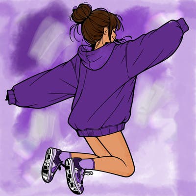 realistic girl jumping with a bun and oversized sweatshirt