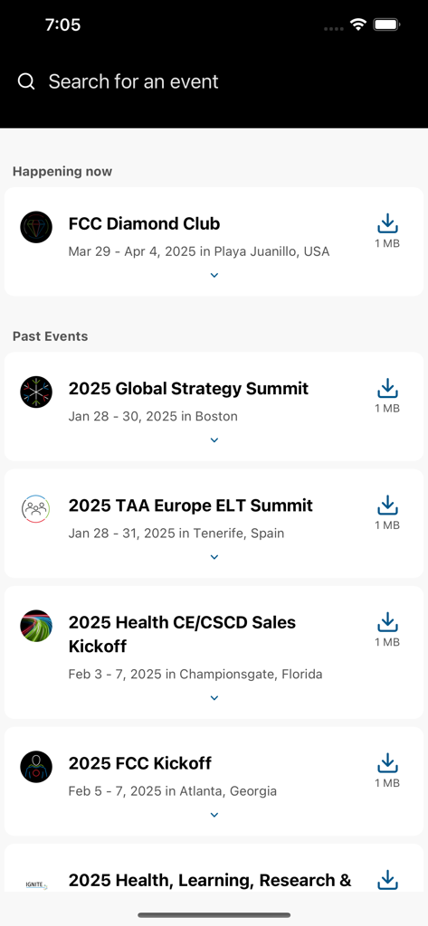Wolters Kluwer Events - Una lista de eventos y cumbres profesionales en la interfaz de la aplicación Eventos Wolters Kluwer.