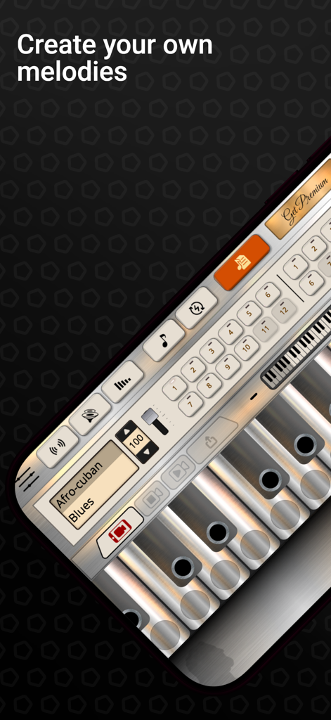 Flute Sim - Interfaz de la aplicación Flute Sim con agujeros de flauta virtuales, controles de grabación y selecciones de estilo musical para crear melodías.