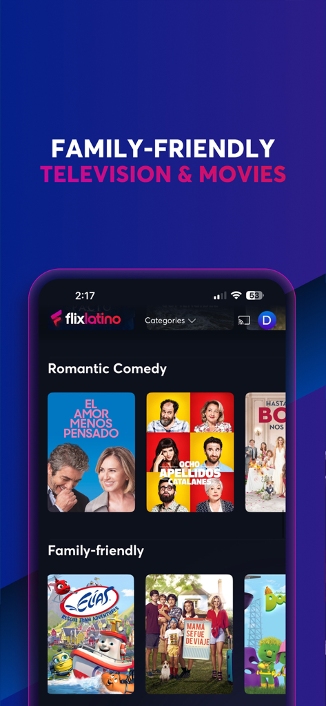FlixLatino app screen displaying family friendly movies and romantic comedies in Spanish