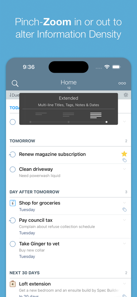 Screenshot of the 2Do app task list showing the pinch-zoom feature to adjust information density