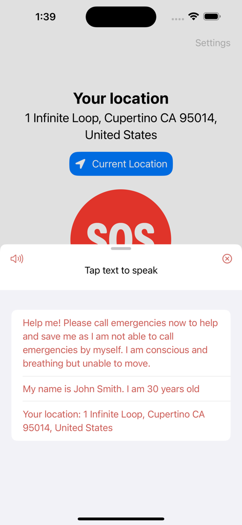 Emergency SOS screen in the Save Me app showing a pre-written help message and current location coordinates