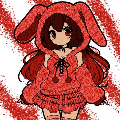 pretty anime girl wearing a fluffy hoodie with bunny ears on the hood and a skirt