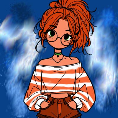 girl with a messy ponytail glasses a baggy crop top and jean shorts