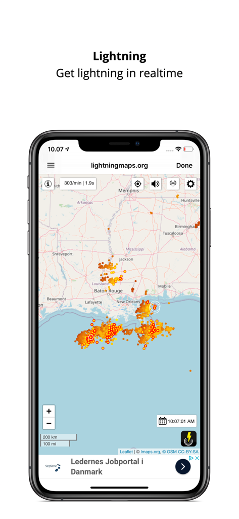 Weather from DMI and YR - Echtzeit-Blitzkartenoberfläche in der Wetter von DMI und YR Mobile App