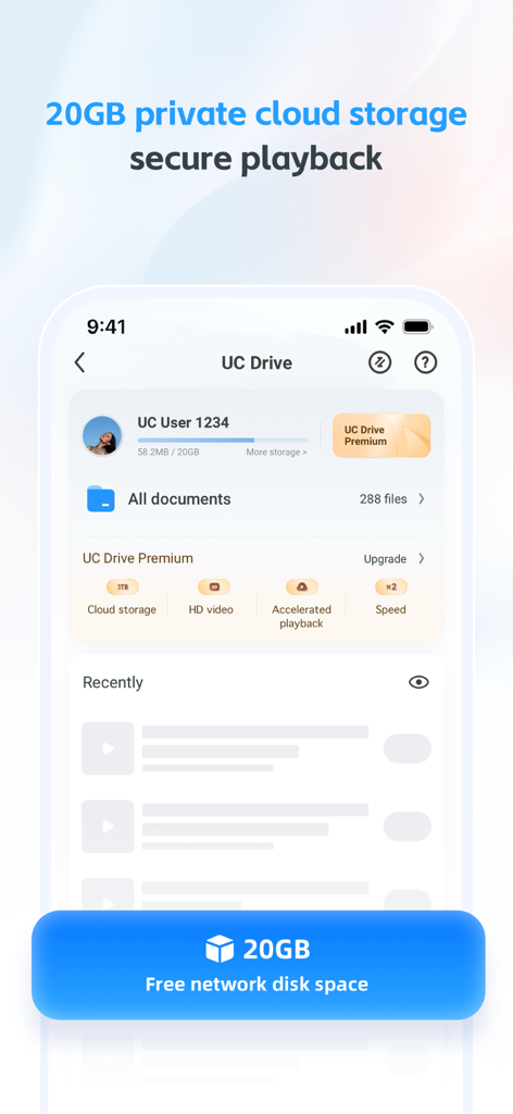 UC Browser app interface showing 20GB of free private cloud storage and file management in UC Drive