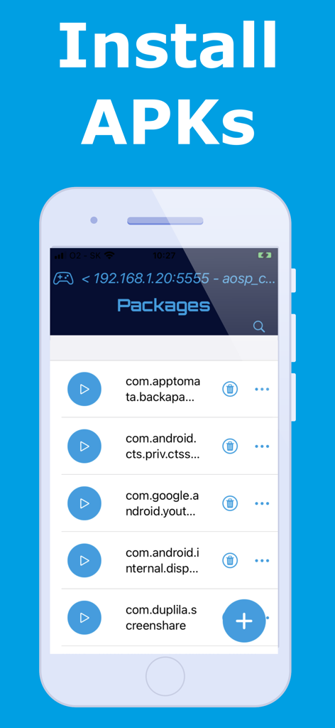 Bugjaeger - Mobile ADB - Bugjaeger app screen showing package management and options to install APKs on a remote Android device