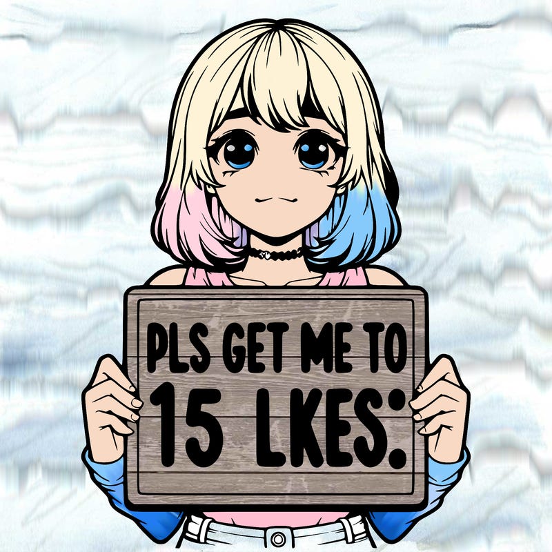 realistic girl holding up a sign that says “pls get me to 15 likes!”