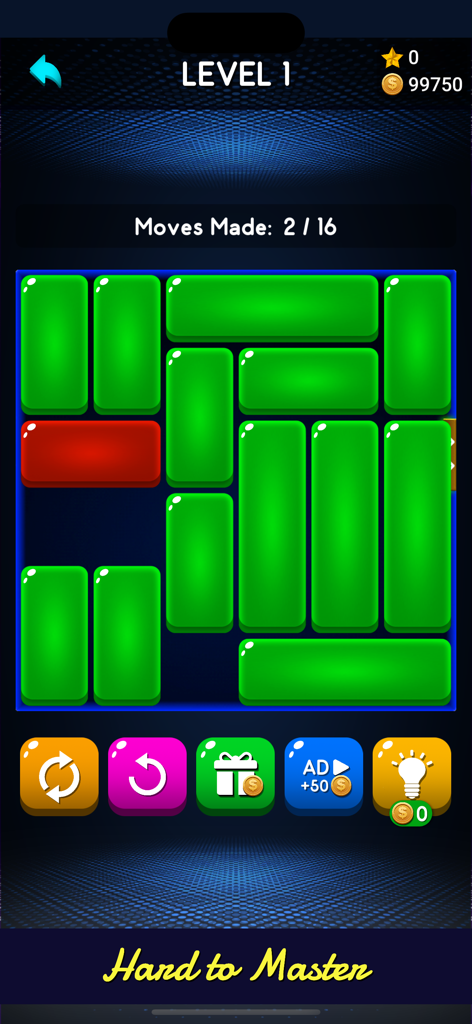 Q Block: Unblock Puzzle Board - Jogo Q Block Quebra-cabeça de Blocos Deslizantes mostrando o nível 1 com blocos vermelhos e verdes