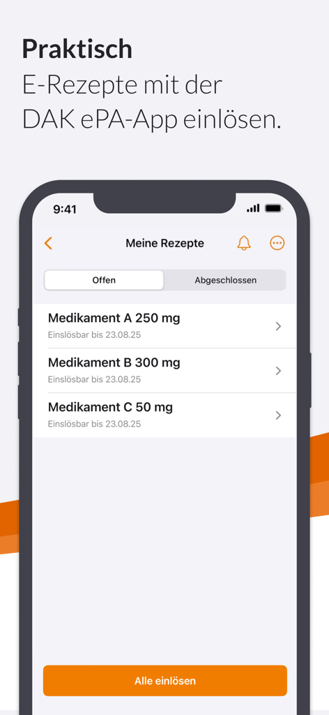 DAK ePA - Oberfläche der DAK ePA App, die eine Liste digitaler Rezepte und eine Schaltfläche zum Einlösen aller Rezepte anzeigt.