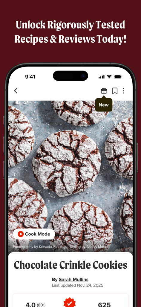 America's Test Kitchen - Chocolate Crinkle Cookies recipe page in the Americas Test Kitchen app