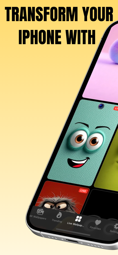 Silly Smiles 4K Live - Silly Smiles 4K Live app interface featuring animated character backgrounds on an iPhone screen
