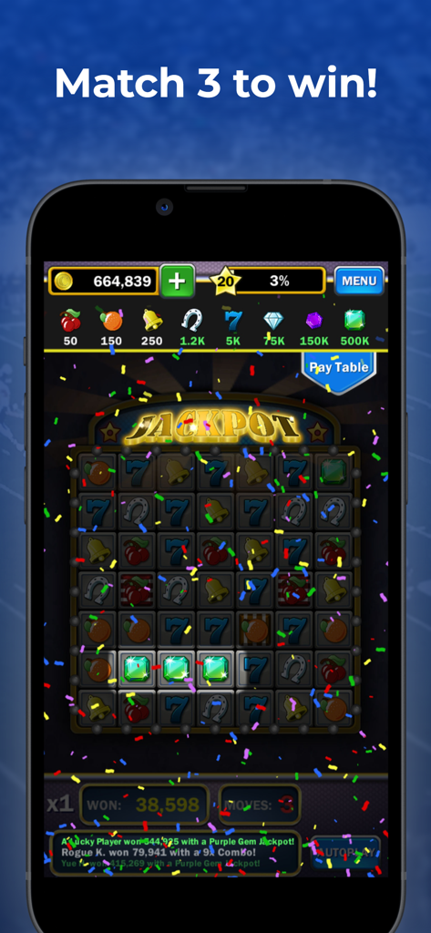 Jackpot Gems - Jackpot Gems gameplay showing a match three win with falling confetti and casino symbols