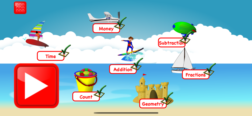Second Grade Math Games Kids - Main menu of the Second Grade Math Games app showing math categories like addition, subtraction, and money with a fun beach theme