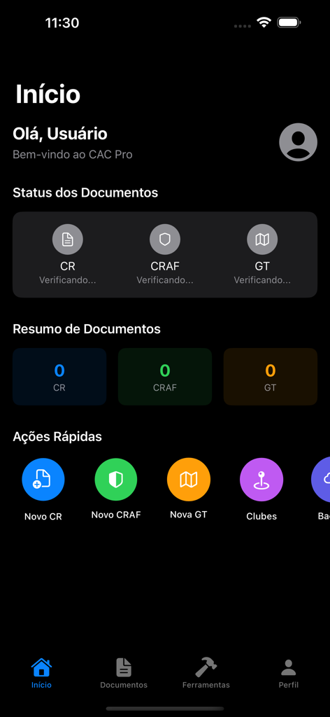 CAC Proアプリのホーム画面、ドキュメントステータスとクイックアクションボタンを表示