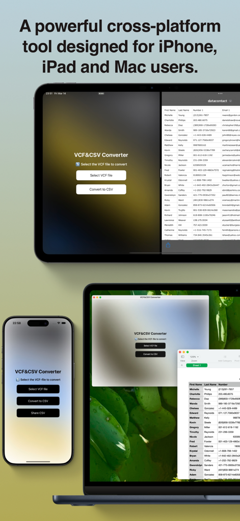 VCF zu CSV Konverter App-Oberfläche auf iPhone, iPad und Mac angezeigt.