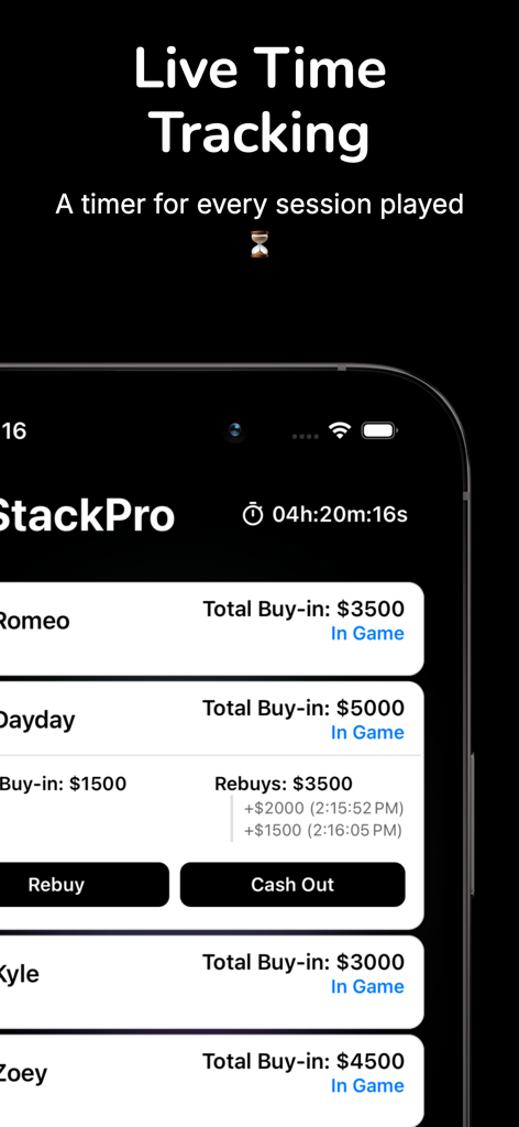 StackPro - StackPro mobile app interface showing a live poker session timer and player buy-in tracking