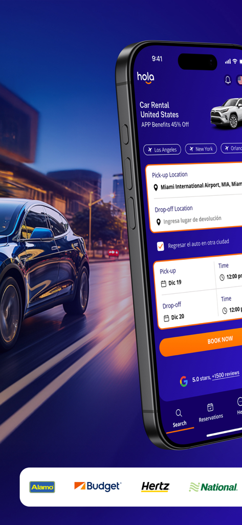 Hola Car Rentals - アメリカ合衆国でのレンタカー予約のためのHola Car Rentalsアプリインターフェイスを表示するスマートフォン画面、場所と日付の選択が表示されている