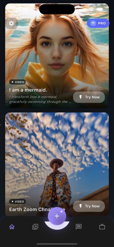 Matty:AI Image-Video Generator - Interface of the Matty AI app showing a discovery feed of AI generated videos with text prompts and a try now button