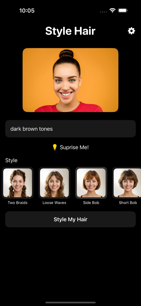Hairstyle Changer: AI Makeover - Interfaz de la aplicación móvil Cambiador de Peinados mostrando selecciones de estilo de cabello con IA y opciones de entrada de color