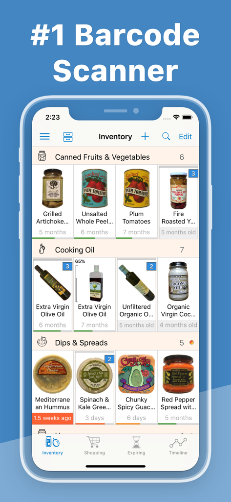 Pantry Check app interface showing categorized household inventory and food expiration tracking