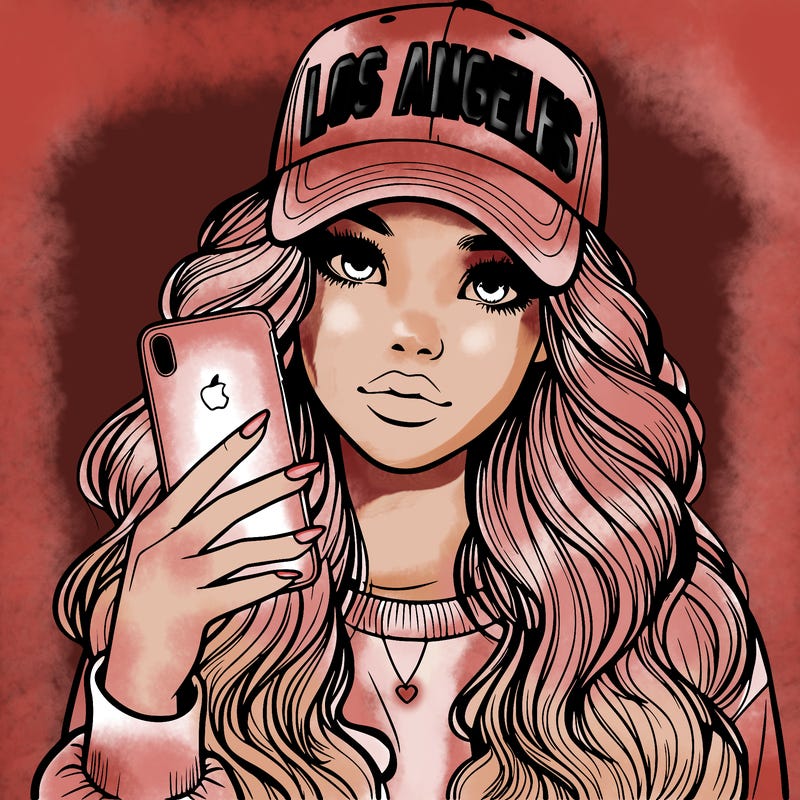 realistic beautiful girl wearing los ángeles cap holding an iphone