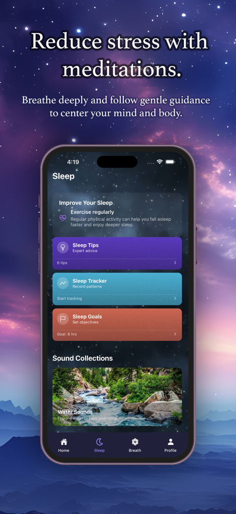 Interface do aplicativo Serenity Sleep mostrando ferramentas de meditação, rastreador de sono e coleções de sons.