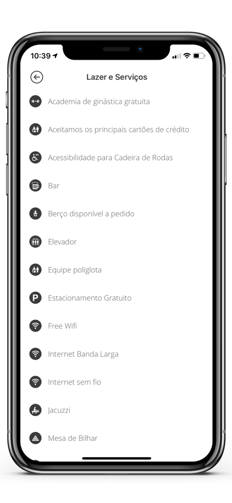 Nacional Inn Hotéis - 설명 아이콘이 있는 호텔 편의 시설 및 레저 서비스 목록을 표시하는 Nacional Inn Hoteis 앱 화면.