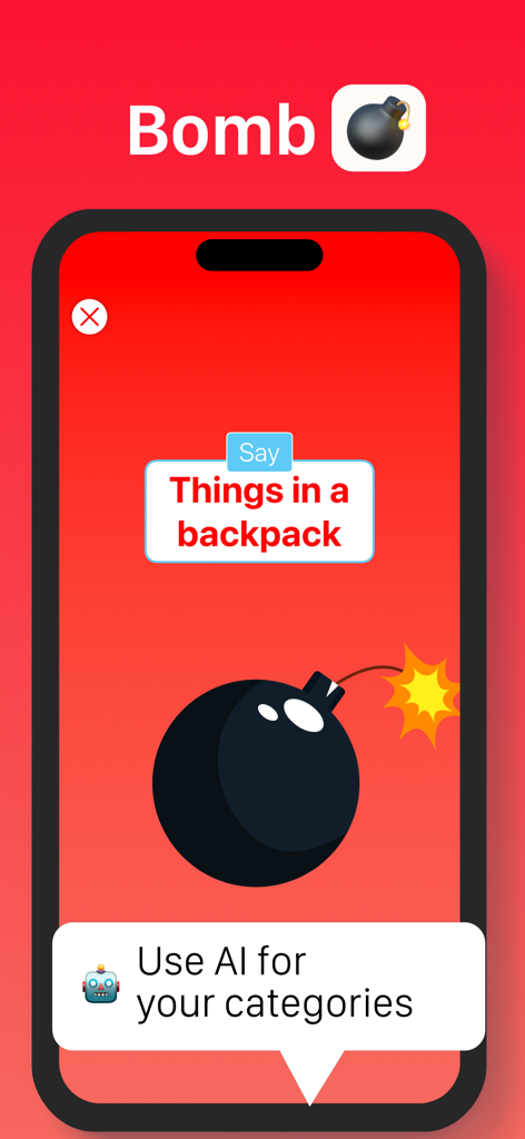 Interfaz de la aplicación QuizHead mostrando el modo de juego Bomb con una indicación de categoría de mochila y la función de IA