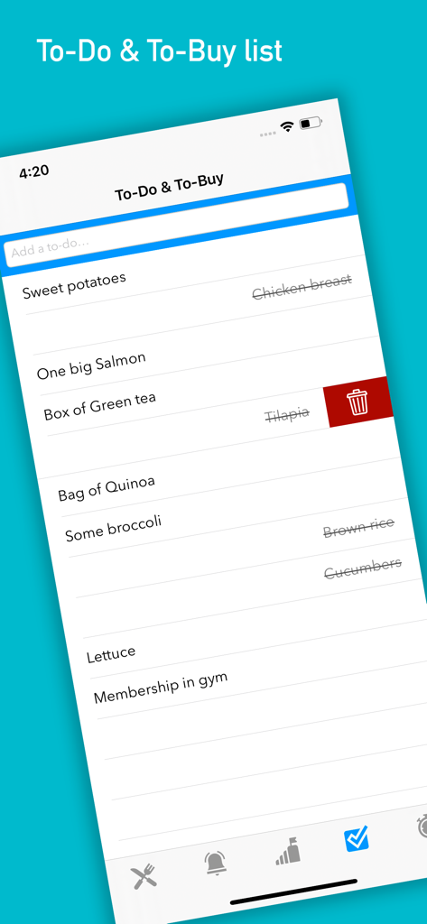Una interfaz de lista de compras y tareas en la aplicación Roman que muestra artículos como salmón y brócoli para una alimentación saludable y económica.