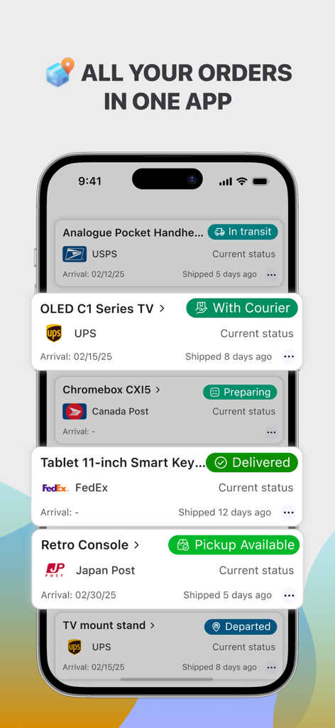 Universal Tracking app interface showing a list of packages from multiple carriers with real-time delivery status.