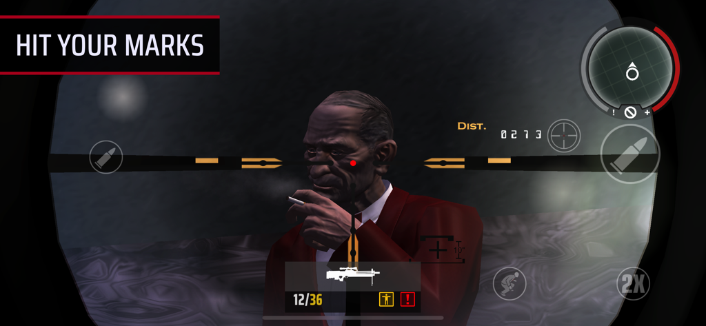 Hitman: Blood Money — Reprisal - First-person sniper scope view targeting a man in a red suit in Hitman Blood Money Reprisal