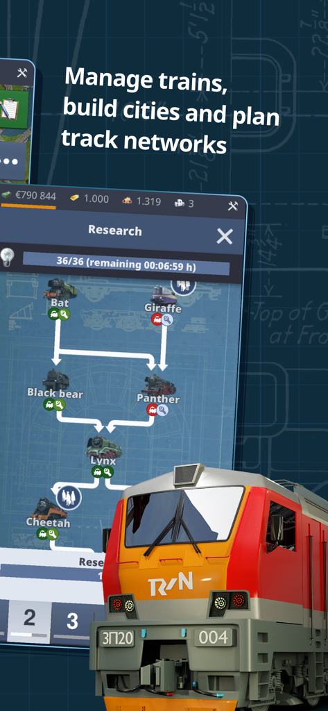 Rail Nation - Research menu in Rail Nation showing a progression tree of different historical and modern train engines.
