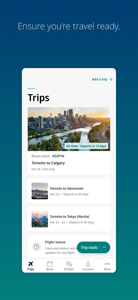 WestJet mobile app interface displaying a list of upcoming flight itineraries and travel details